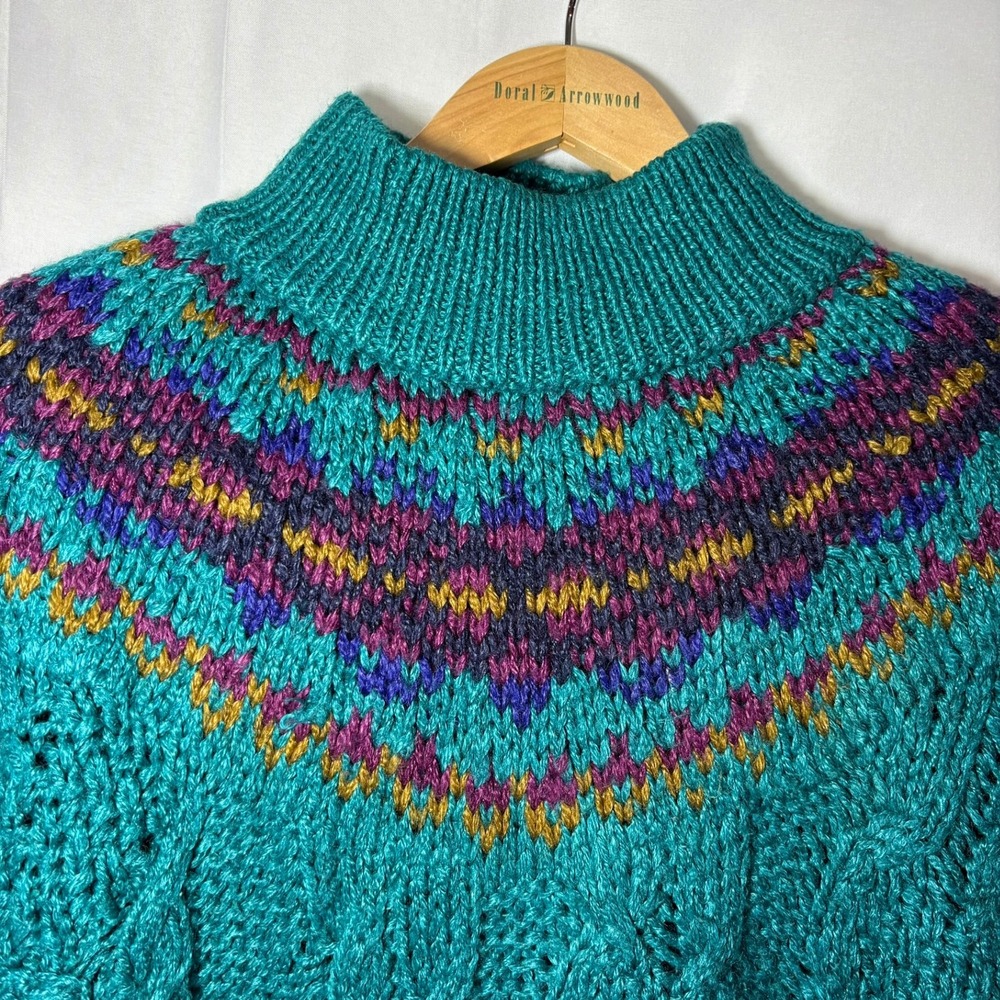 Vintage Jamie Scott Hand Knit Teal Fair Isle Sweater Mock Neck Heavy Ramie Large - Picture 9 of 9